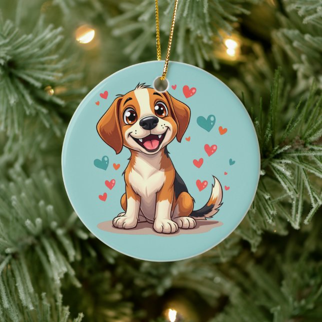 Niedlicher Kawaii-Beagle mit Herz spielerischer Hu Keramik Ornament (Baum)