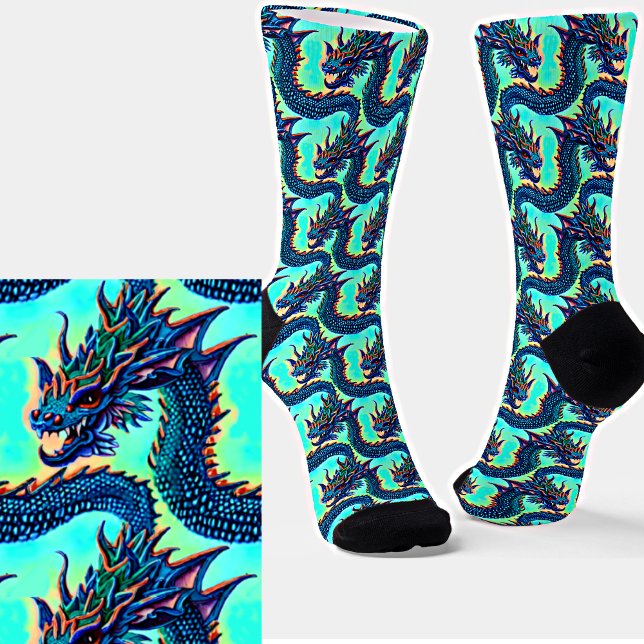 Niedlicher Kawaii Blue Baby Dragon auf Aqua Socken (Von Creator hochgeladen)