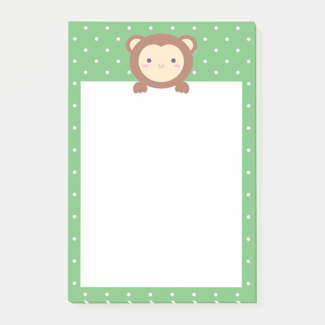 Niedlicher Kawaii Cartoon Monkey Green Polka Dots Post-it Klebezettel (Vorderseite)