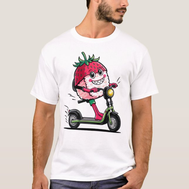 Niedlicher Kawaii Erdbeeren Sushi Scooter Lieferun T-Shirt (Vorderseite)
