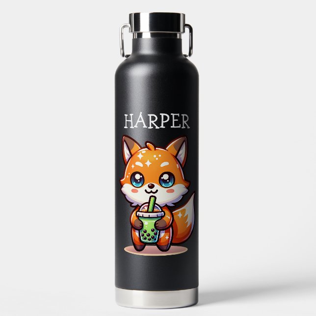 Niedlicher Kawaii Fox mit Bubble Tee Personalisier Trinkflasche (Vorderseite)