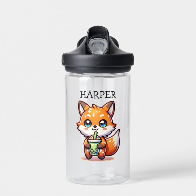 Niedlicher Kawaii Fox mit Bubble Tee Personalisier Trinkflasche (Vorne)