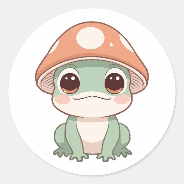 Niedlicher Kawaii Frosch auf Mushroom-Hutsticker Runder Aufkleber (Vorderseite)