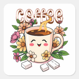 Niedlicher Kawaii Kaffee und Blume Quadratischer Aufkleber