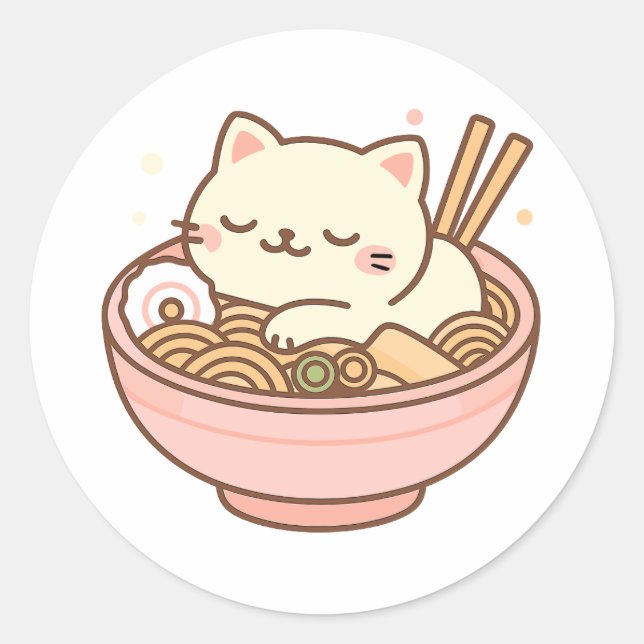 Niedlicher Kawaii-Katzen-Schlafen in Ramen Bowl Runder Aufkleber (Vorderseite)
