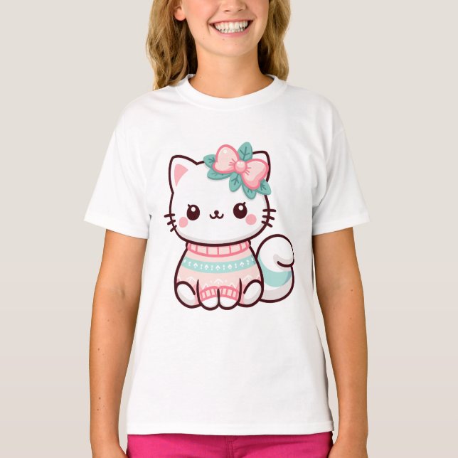 Niedlicher Kawaii-Katzencharakter in einem Pullove T-Shirt (Vorderseite)