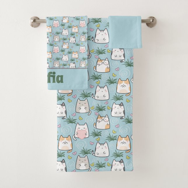 Niedlicher kawaii kitty muster azurblau name badhandtuch set (Insitu)