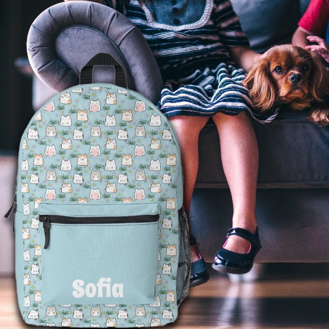 Niedlicher kawaii kitty muster azurblau name bedruckter rucksack (Von Creator hochgeladen)