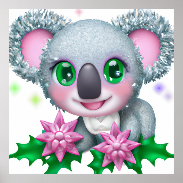 Niedlicher Kawaii-Koala-Bär mit Blume Poster (Vorne)