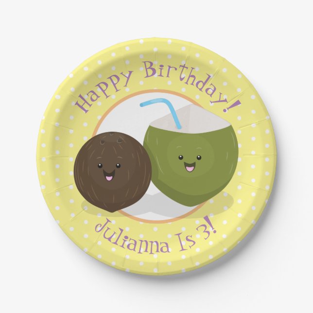 Niedlicher Kawaii Kokosnuss Cartoon Illustration Pappteller (Vorderseite)