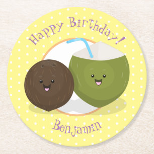 Niedlicher Kawaii Kokosnuss Cartoon Illustration Runder Pappuntersetzer