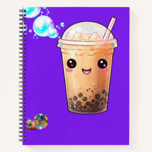 Niedlicher Kawaii lächelnd Boba Tee auf Lila Notizbuch