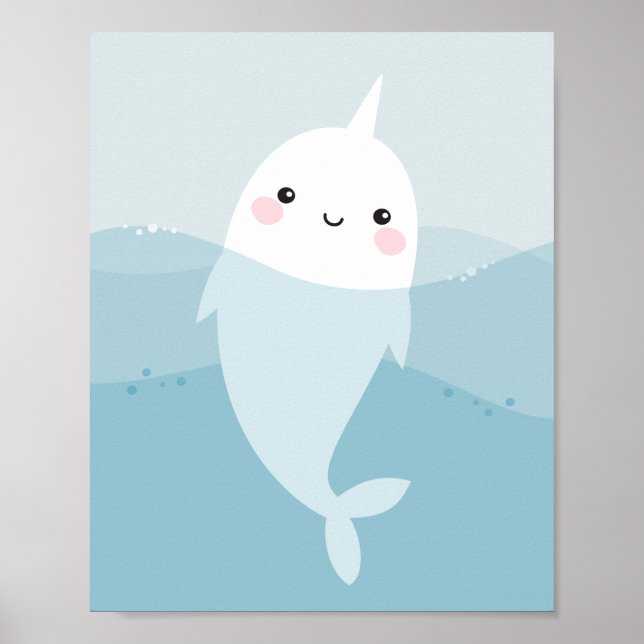Niedlicher Kawaii Narwhal, der in sanften, blauen  Poster (Vorne)