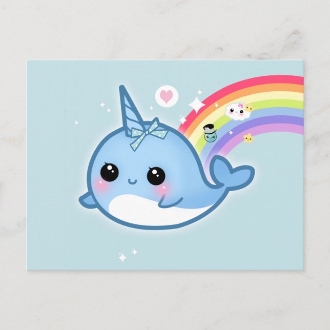 Niedlicher Kawaii Narwhal mit Regenbogen und Funke Postkarte (Vorderseite)
