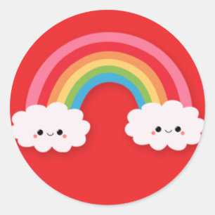 Niedlicher Kawaii Regenbogen und Wolken auf Rot Runder Aufkleber