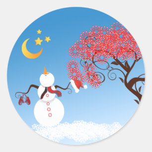 Niedlicher Kawaii Snowman mit CandyCane Tree Runder Aufkleber