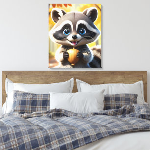 Niedlicher Kawaii-Stil Racoon mit Eichel Leinwanddruck