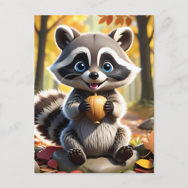 Niedlicher Kawaii-Stil Racoon mit Eichel Postkarte (Vorderseite)