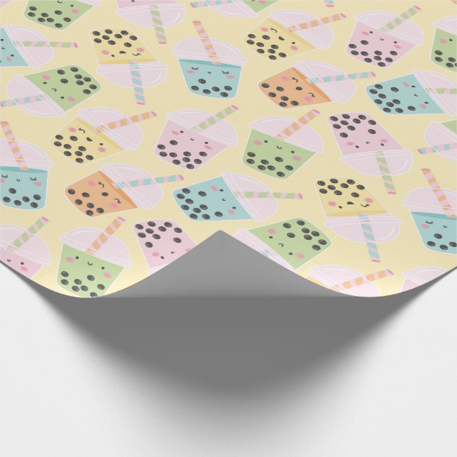 Niedlicher Kawaii Style Bubble Tee auf hellgelb Geschenkpapier (Ecke)