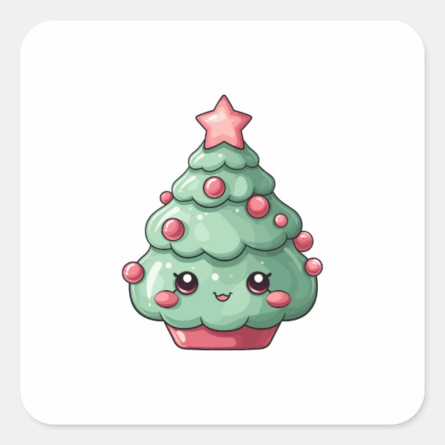Niedlicher Kawaii-Weihnachtsbaum mit lächelndem Ge Quadratischer Aufkleber (Vorderseite)