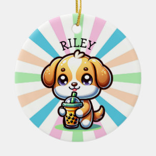 Niedlicher Kawaii Welpenhund mit Blasen-Tee Person Keramik Ornament