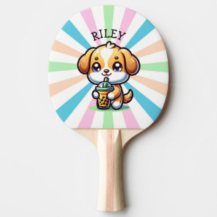 Niedlicher Kawaii Welpenhund mit Blasen-Tee Person Tischtennis Schläger