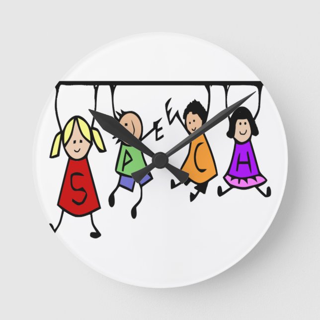 Niedlicher KinderCartoon, der Sprache-Wörter hält Runde Wanduhr (Vorderseite)