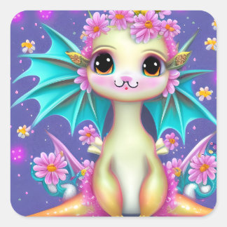 Niedlicher Kinderdrache mit rosa Blume Quadratischer Aufkleber