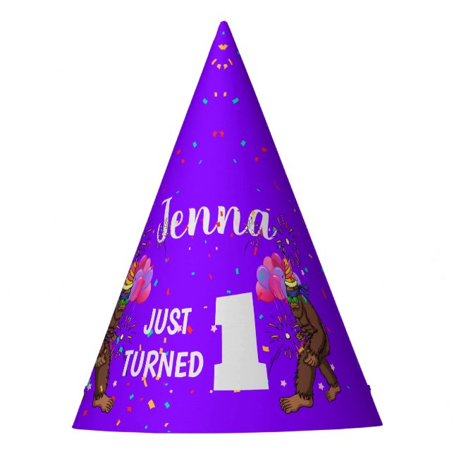 Niedlicher Kindergeburtstag-Karte mit Bigfoot pers Partyhütchen (Vorderseite)