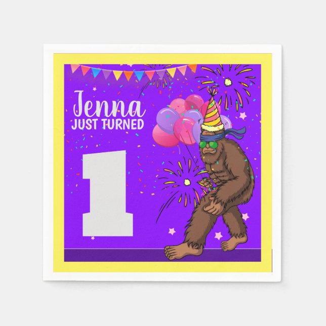 Niedlicher Kindergeburtstag-Karte mit Bigfoot pers Serviette (Vorderseite)