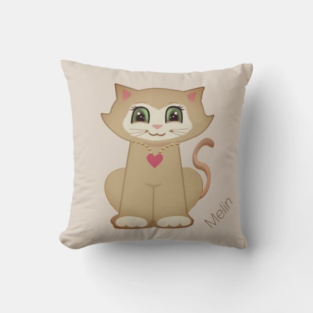 Niedlicher Kitty Cat Cartoon auf Beige Kissen (Vorderseite)