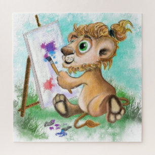 Niedlicher kleiner Baby Lion Artist Paints Farbenf Puzzle