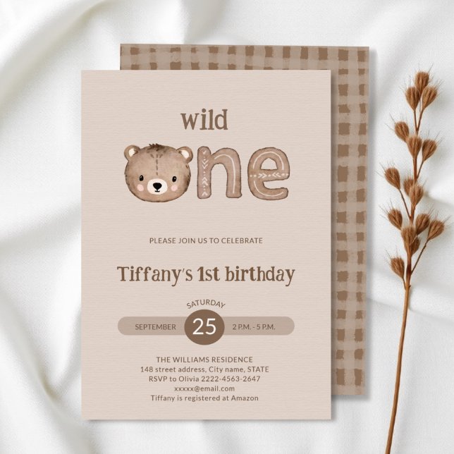Niedlicher kleiner Bär, 1. Geburtstag Einladung (Wild One Birthday Invitation | Neutral 1st Birthday Party Invite with Cute Bear)