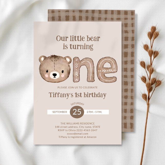 Niedlicher kleiner Bär 1. Geburtstag Einladung - n (Wild One minimalistic 1st Birthday Invitation | Neutral Baby Bear Party Invite)