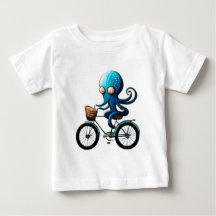 Niedlicher kleiner blauer Oktopus auf einem Fahrra