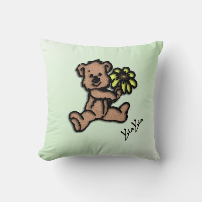Niedlicher kleiner Blume Bär Yia Yia Green Throw K Kissen (Vorderseite)