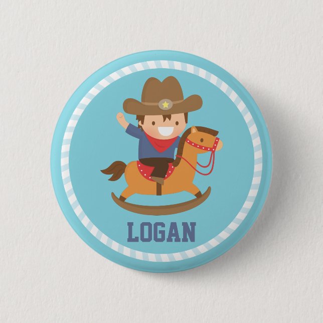 Niedlicher kleiner Cowboy auf Schwingpferd Button (Vorderseite)