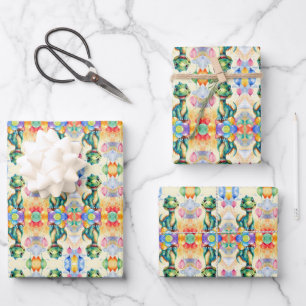 Niedlicher kleiner Dinosaurier mit viel farbenfroh Geschenkpapier Set