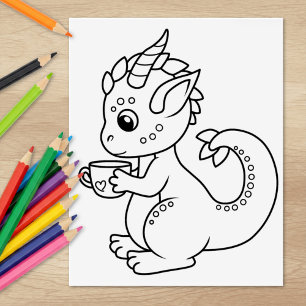 Niedlicher kleiner Drache, der eine Cups-Farbseite Gummistempel