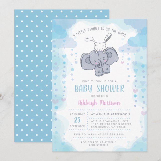 Niedlicher Kleiner Elefant & Baby Bunny Baby Boy D Einladung (Vorne/Hinten)