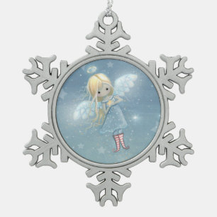 Niedlicher Kleiner Engel in den Sternen Schneeflocken Zinn-Ornament