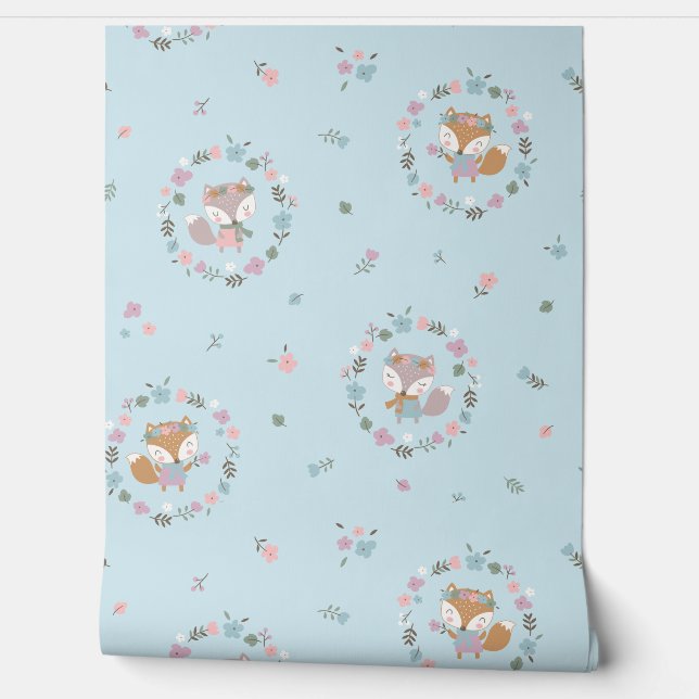Niedlicher Kleiner Fall Fox mit Blume hellblau Tapete (Abrollen)