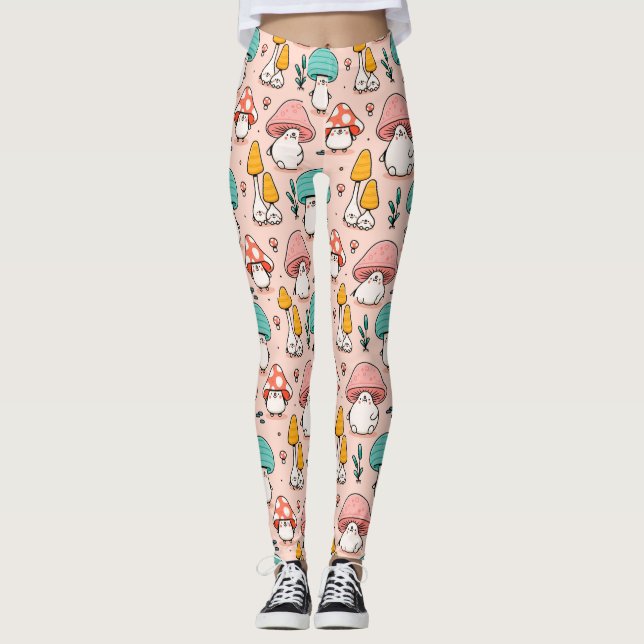 Niedlicher kleiner Fantasy Mushroom Cartoon Pink B Leggings (Vorderseite)