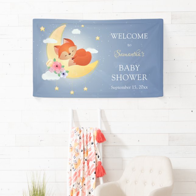Niedlicher kleiner Fuchs auf der Mond-Babydusche Banner (Insitu)