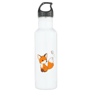 Niedlicher kleiner Fuchs sieht Schmetterling zu Edelstahlflasche