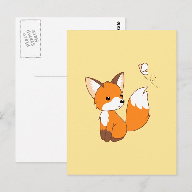 Niedlicher kleiner Fuchs sieht Schmetterling zu Postkarte (Vorne/Hinten)