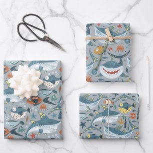 Niedlicher kleiner Hai unter dem Meer Geburtstagsk Geschenkpapier Set