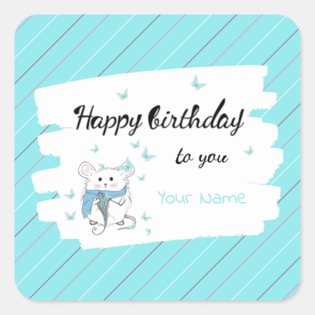 Niedlicher kleiner Hamster Blue Happy Birthday Quadratischer Aufkleber (Vorderseite)