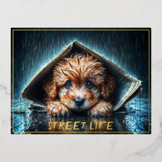 Niedlicher kleiner Hund am Regentag mit blauen Aug Folien Feiertagspostkarte