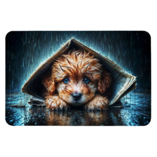 Niedlicher kleiner Hund am Regentag mit blauen Aug Magnet